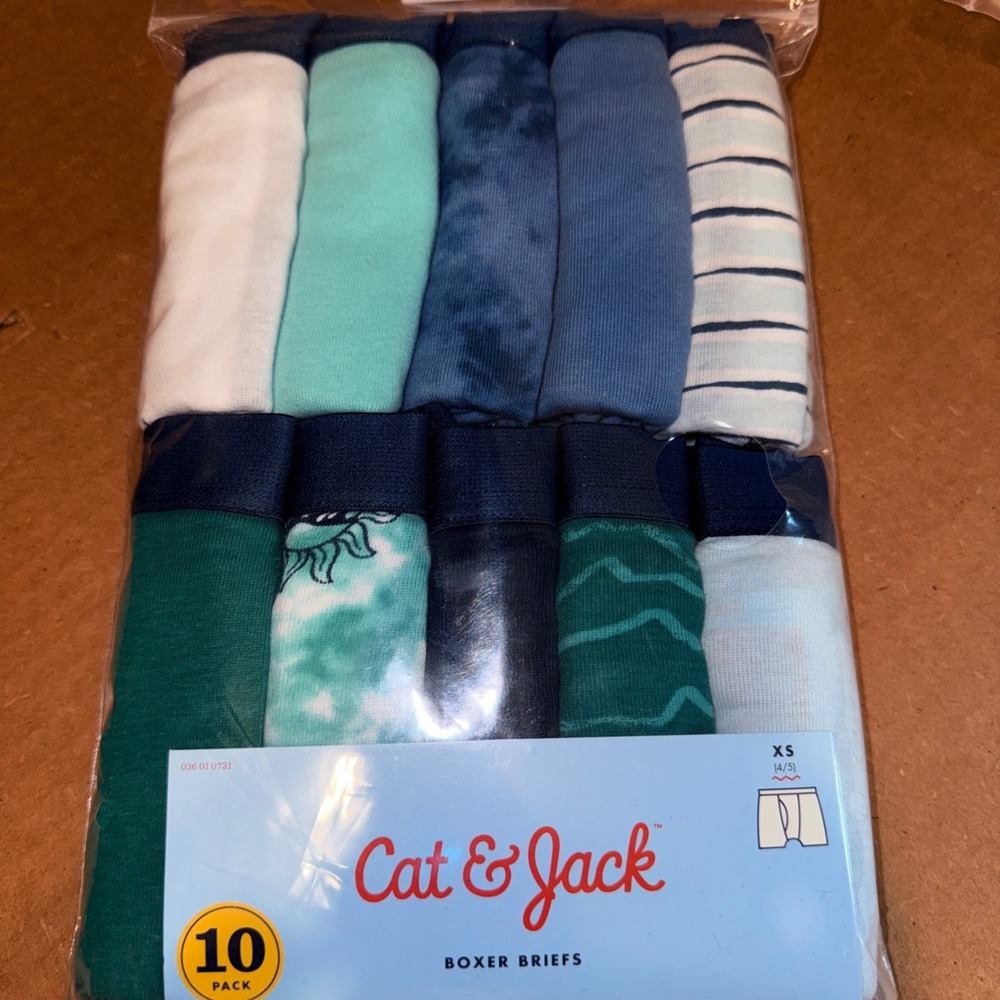 Cat & Jack Boxer Briefs Kids XS 4/5 NEW 10 Pack Blue Teal Cotton Underwear